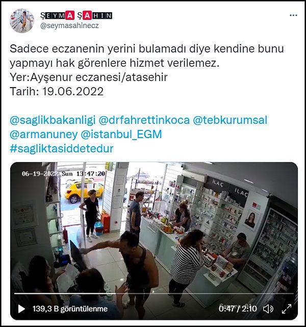 Eczacı Şeyma Şahin o anların görüntülerini Twitter'dan "Sadece eczanenin yerini bulamadı diye kendine bunu yapmayı hak görenlere hizmet verilemez" notuyla paylaştı.