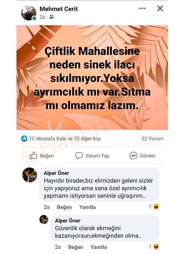 AK Partili Düziçi Belediye Başkanı Alper Öner, ilaçlama yapılmasını isteyen bir vatandaşı sosyal medyada alenen ekmeğinden etmekle tehdit etti.