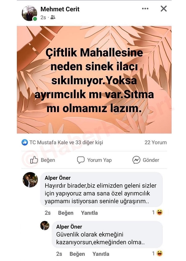 AK Partili Düziçi Belediye Başkanı Alper Öner, ilaçlama yapılmasını isteyen bir vatandaşı sosyal medyada alenen ekmeğinden etmekle tehdit etti.