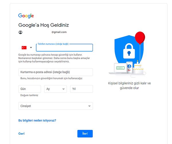 Açılan sayfada "Telefon", "Kurtarma e-posta adresi" gibi alanları doldurduktan sonra "İleri" seçeneğine tıklayın.