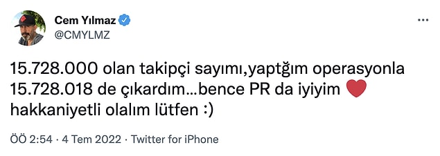 Ve dediği gibi acayip bir(!) takipçi sayısı artışına şahit olduk! 😂
