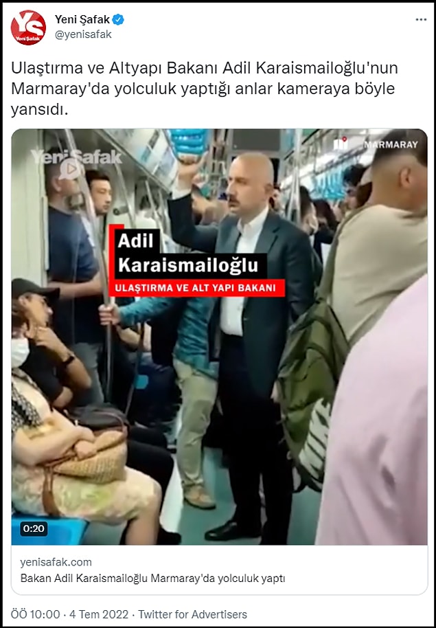 Görüntüleri paylaşan Yeni Şafak, Karaismailoğlu'nun Marmaray'da yolculuk yaptığını belirtti ancak başka bilgi vermedi. 👇