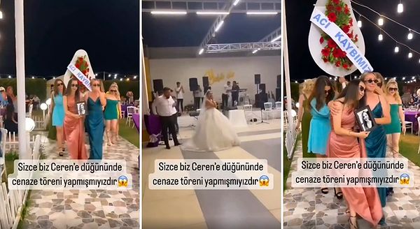 Evlenip gelin olan arkadaşları için düğünde cenaze töreni düzenleyen kadınlar 'Acı Kaybımız' yazılı çelenk taşıyıp, ellerinde arkadaşlarının siyah beyaz fotoğraflarını taşıdılar...