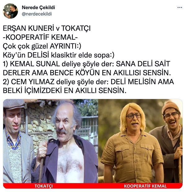 Twitter kullanıcı "@nerdecekildi" de Kemal Sunal'ın başrolde olduğu Tokatçı filmi ile Erşan Kuneri dizisindeki benzer detayı şöyle paylaştı: