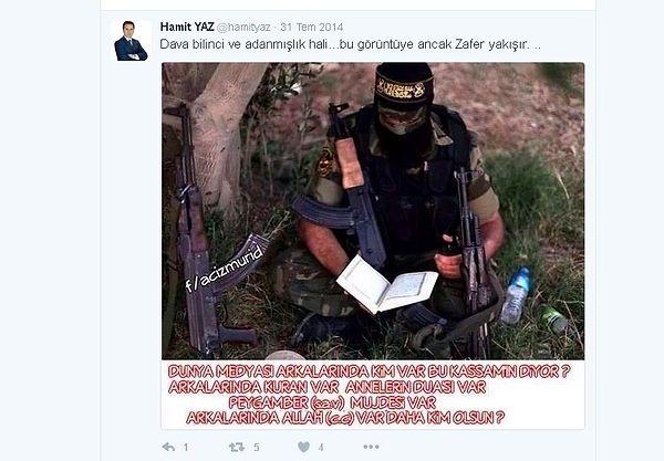 Suriye iç savaşının başladığı dönemlerde yapılan bu paylaşımda elinde silah ve Kur'an olan bir teröristin fotoğrafına "Bu görüntüye ancak zafer yakışır" notunu eklediği görüldü.