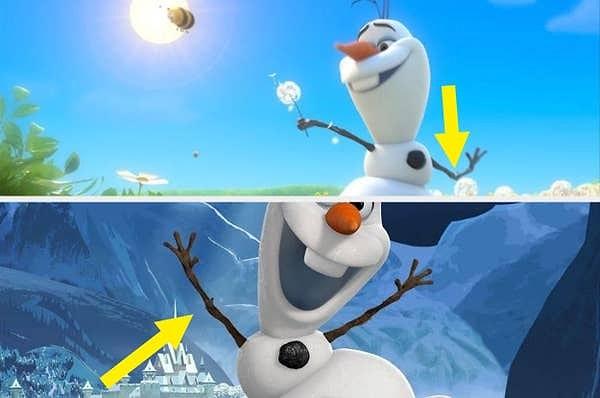 11. Frozen serisinde, Olaf'ın dirseklerini büktüğü tek zaman kendi rüyalarıdır. Normalde ise, gerçek dallar gibi kolları her zaman düzdür.