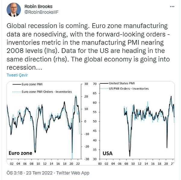Geçen haftalarda Uluslararası Finans Enstitüsü (IIF) Başekonomisti Robin Brooks, Avrupa ve ABD PMI verilerindeki durgunluk (resesyon) göstergesine dikkat çekmişti.