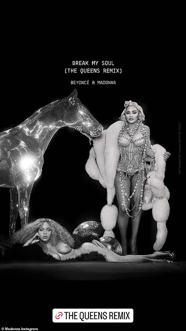 На черно-белом снимке 63-летней Мадонны, опубликованном в Instagram, 40-летняя Бейонсе изображена лежащей на боку в ансамбле из мехов и прозрачных изделий. Из одежды на ней туфли на каблуках.63-летняя Мадонна изображена в легком бюстье, чулках в сеточку и накинутом на плечи меховом белом пальто.