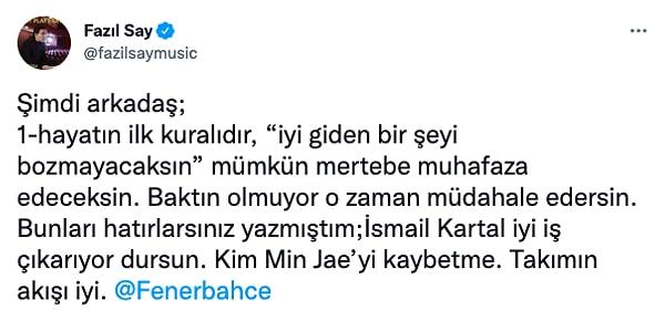 Koyu bir Fenerbahçe taraftarı olan Fazıl Say, Ümraniyespor beraberliğinin ardından fikirlerini Twitter'dan paylaşmaya başladı.