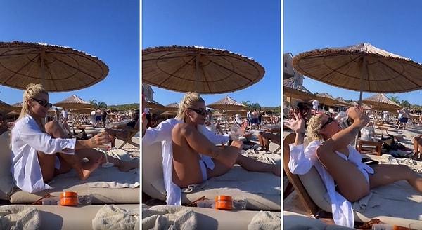 'Eli dursa ayağı durmuyor' diyerek Instagram'da bir paylaşım yapan İrem Derici ayağı ile şarap içti.