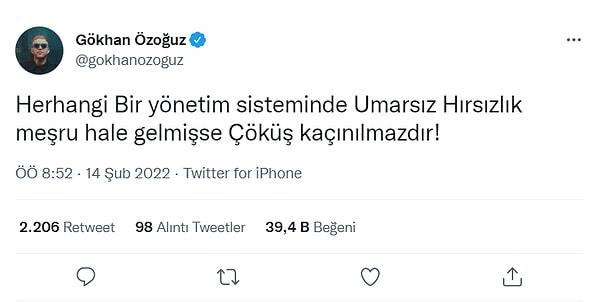 Twitter hesabında birçok konuya dair fikirlerini belirten Gökhan Özoğuz, ekonomik olarak zor bir süreçten geçtiğimizi kendi dilinde eleştirmişti.