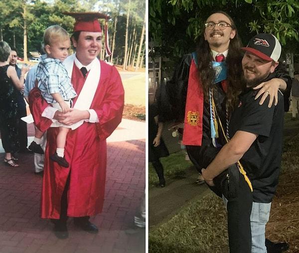 20. "Sol fotoğraf kendi mezuniyetimde oğlumu tutarken, sağ fotoğraf oğlumun mezuniyetinde oğlumu tutarken."