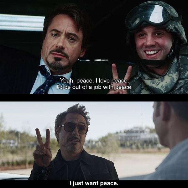 5. 2008 yapımı 'Iron Man' filminde Tony Stark ironi yaparak barış işareti yapan askere laf vuruyor. Sonrasında Tony'yi kurtarırken öldüğü için askerin bu barış işareti Tony Stark için bir sembol haline geliyor.