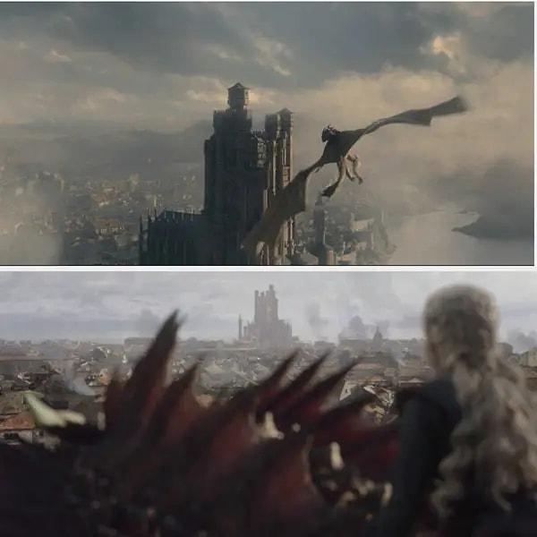 2. Rhaenyra'nın King's Landing çevresindeki ejderha ile uçuşu bize başka bir Targaryen'i hatırlattı: Ejderha sırtında şehre gelen Daenerys.