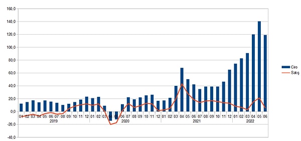 Yukarıdaki verinin detayına bakılınca şu 👇 şekilde daha anlaşılır oluyor. Satışlarda artış görülmezken cirolarda yaşanan artış doğal olarak enflasyonun getirisi oluyor.