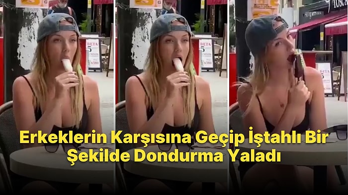 Erkeklerin Karşısına Geçip İştahlı Bir Şekilde Dondurma Yalayan Kadın