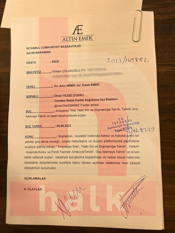 İşte Gülşen'in avukatı Emre Emek tarafından İstanbul Başsavcılığı'na verilen suç duyurusu belgesi