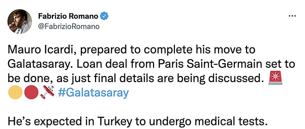 Dünyaca ünlü gazeteci  Fabrizio Romano da, Icardi'nin Galatasaray ile son detayları görüştüğünü yazdı.