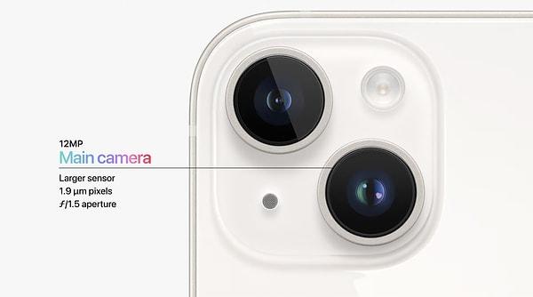 iPhone 14 kamera konusunda büyük geliştirmelere sahip. iPhone 13 Pro'daki bazı özellikler bu cihaza aktarılmış. Daha büyük sensör ve daha hızlı bir lens kullanılmış.