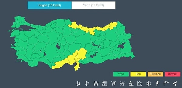 Doğu Akdeniz'de sarı kodlu uyarı verilirken gök gürültülü sağanak yağış beklendiği söylendi.