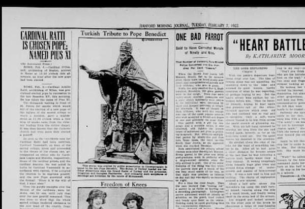 Bir Amerikan gazetesi "Hanford Morning Journal" 7 Şubat 1922 günü heykelin haberini şöyle verir. Resmin altındaki yazıda ise şunlar yazar: