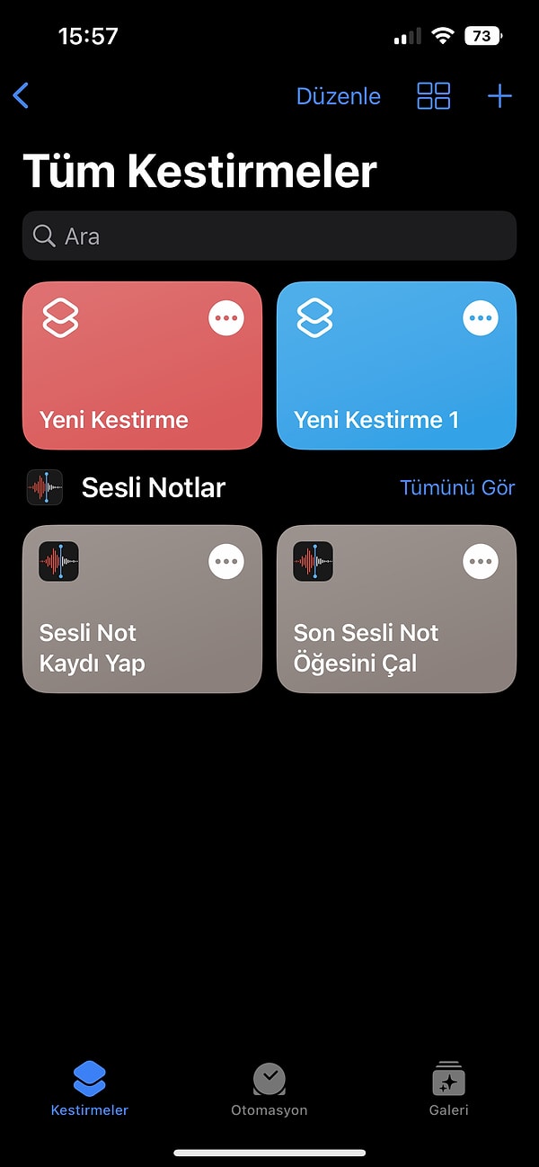 Kestirmeler uygulamasını açtıktan sonra sağ üst köşedeki +'ya tıklıyoruz.