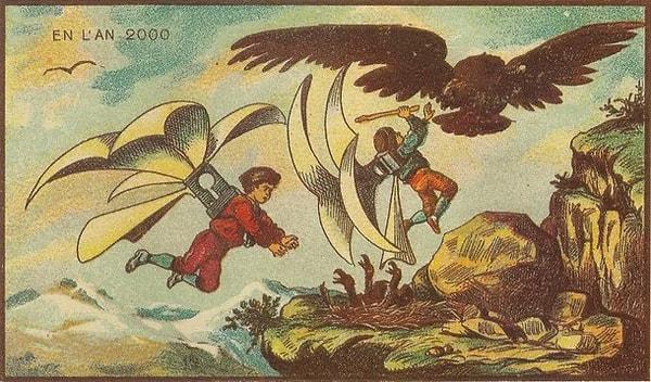4. Kanatları ile uçan çocukların bir kuş yuvasına doğru ilerlemeleri: