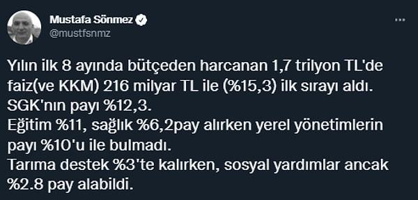 Ekonomist Mustafa Sönmez de yaptığı paylaşımla 1,7 trilyon liralık bütçeden KKM'ye ödenen payın yüzde 15,3'le ilk sırayı aldığını ve bunun yüzde 20'ye ulaşabileceğini belirtti.