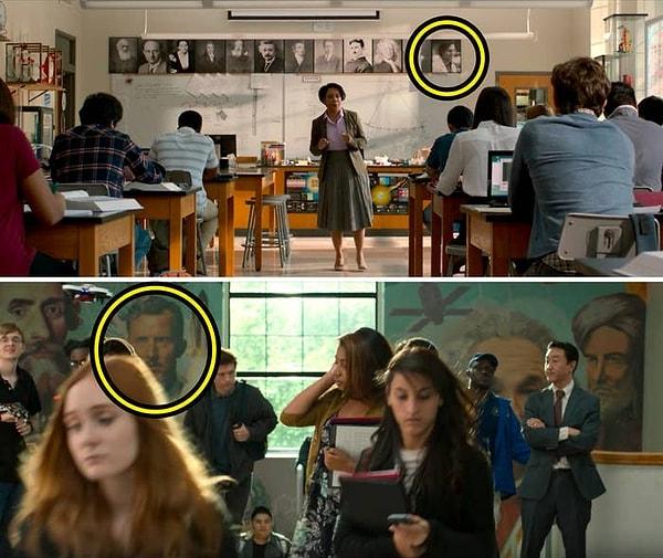 10. 'Spider-Man: Homecoming' filminde, Peter'ın fizik dersinde Bruce Banner'ın resmi ve merdiven boşluğunda da Howard Stark'ın bir duvar resmi var!