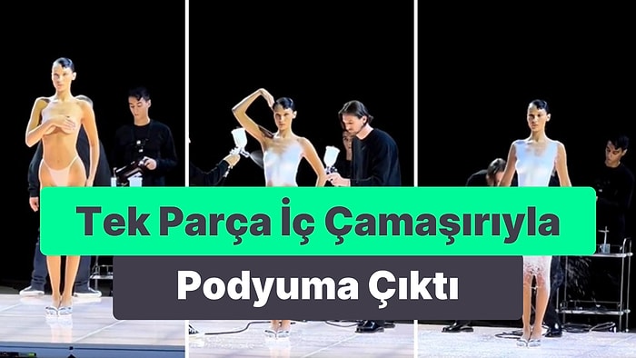 Tek Parça İç Çamaşırıyla Podyuma Çıkan Bella Hadid'e Canlı Olarak Spreyle Elbise Yaptılar