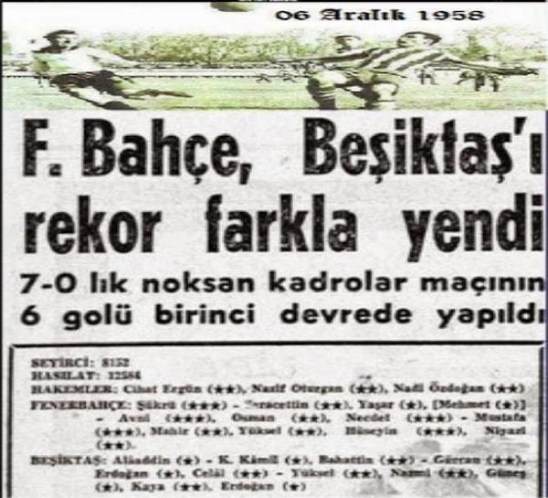 Fenerbahçe ise siyah-beyazlı rakibi karşısında en farklı galibiyetini 6 Aralık 1958'de oynanan özel maçta 7-0'lık skorla aldı.
