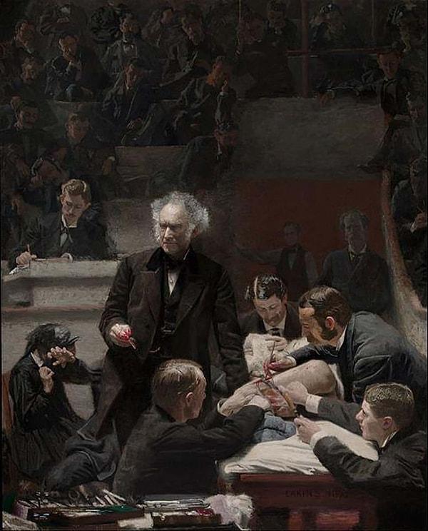 9. Thomas Eakins en beğenilen eseri The Gross Clinic, Philadelphialı doktor Samuel Gross'u ve beş sağlık görevlisinden oluşan bir grubun bir hastanın sol uyluğunu ameliyat ederken tasvir ediyor.