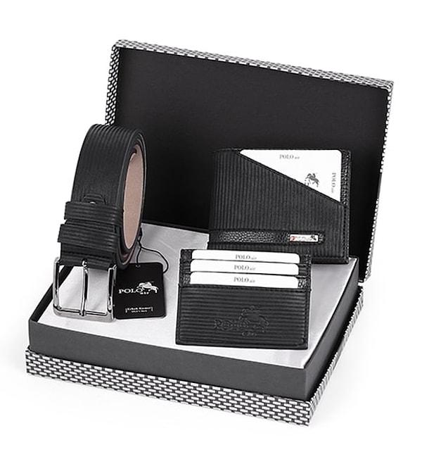 11. Kemer, cüzdan ve kartlıktan oluşan erkekler için şık bir aksesuar seti. Hediye olarak da gayet uygun bir paketlemeye sahip.