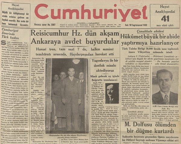 Bugünün eski gazetesi: 10 Ekim 1933