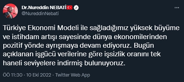 Hazine ve Maliye Bakanı Nureddin Nebati, sosyal medya hesabında Türkiye Ekonomi Modeli üzerinden işsizlik verilerini yorumladı.