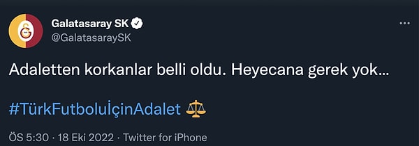 Galatasaray ise sosyal medya hesabı üzerinden #TürkFutboluİçinAdalet ⚖️ etiketiyle şu cevabı verdi.