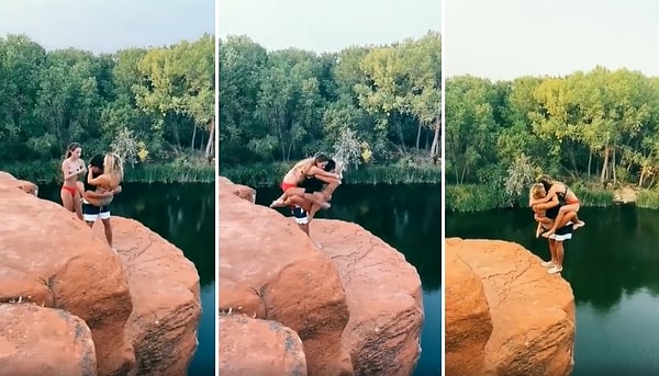 Metrelerce yükseklikten ters takla atarak kadınlarla birlikte denize atlayan adamın o anlarını izlerken yok artık diyeceksiniz.