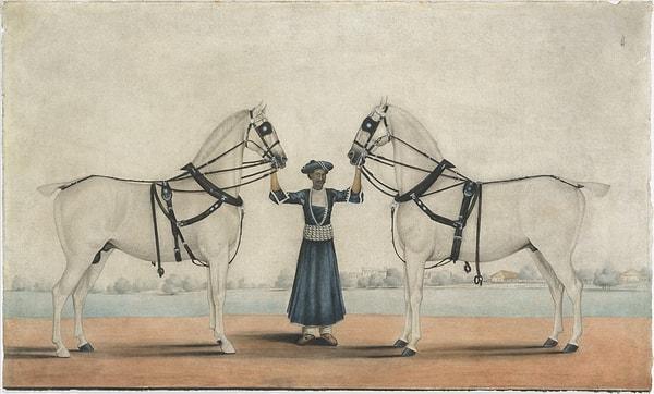 45. 1845: "A Groom Holding Two Carriage Horses", Shaikh Muhammad Amir of Karraya