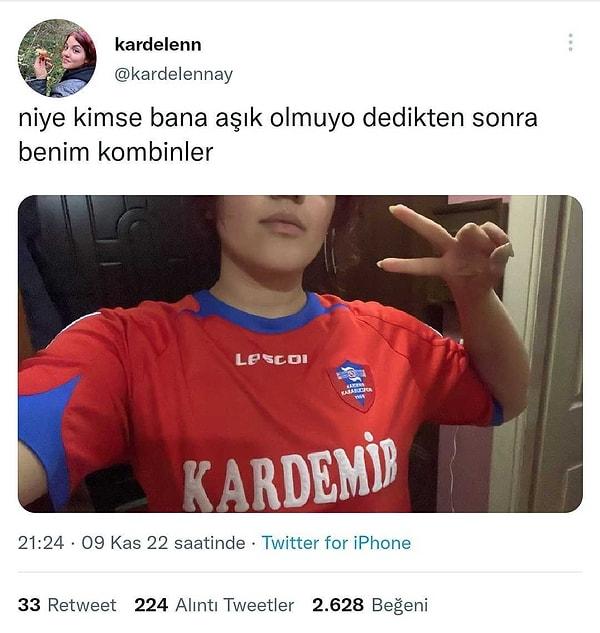 Twitter kullanıcısı Kardelen hiç ummadığımız bir anda timeline'a Karabükspor formasıyla bir paylaşım yaptı. Kardelen'in paylaşımı bir anda viral oldu.