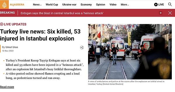 3. Al Jazeera: "İstanbul'daki patlamada altı kişi öldü, 53 kişi yaralandı"