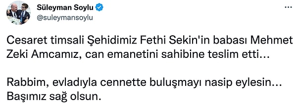 İçişleri Bakanı Soylu, Twitter'dan taziye mesajı yayınladı.