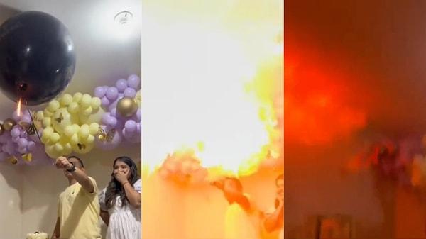 Cinsiyet öğrenme partisi için bir araya gelen aile, içi helyum gazı dolu olan balonu patlatmak için ateş tuttu. Balonun patlamasıyla gaz ve ateş bir araya geldi ve büyük bir facia yaşandı. Alevler kenarda asılı duran balonlara da sıçradı.