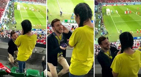 Gana'nın 3-2 kazandığı maçta tribünlerde evlilik teklifi yapan Türk gencin o anları sosyal medyada gündem oldu.