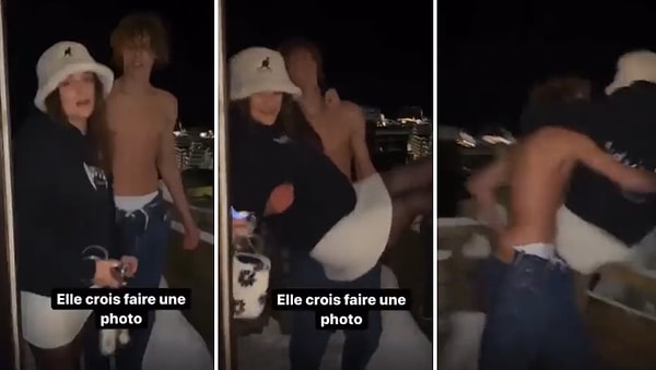 Kucağına aldığı kız arkadaşını onlarca metre yükseklikten karlı zemine atan adamın yaptığı o şaka çokça tepki çekti.