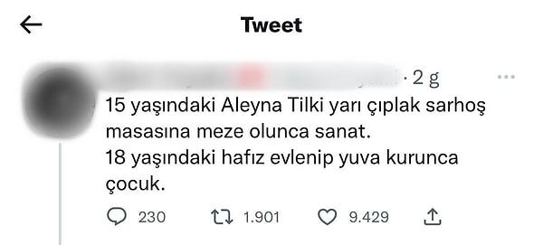 Bir kullanıcı da 6 yaşında evlendirilen kız çocuğunun olayını kullandığı iğrenç ifadelerle ünlü şarkıcı Aleyna Tilki'ye bağladı.