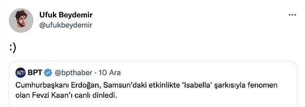 Ufuk Beydemir ise bu paylaşımı alıntılayarak; gülücük emojisi koyunca; bu kez Fevzi'den yanıt gecikmedi.