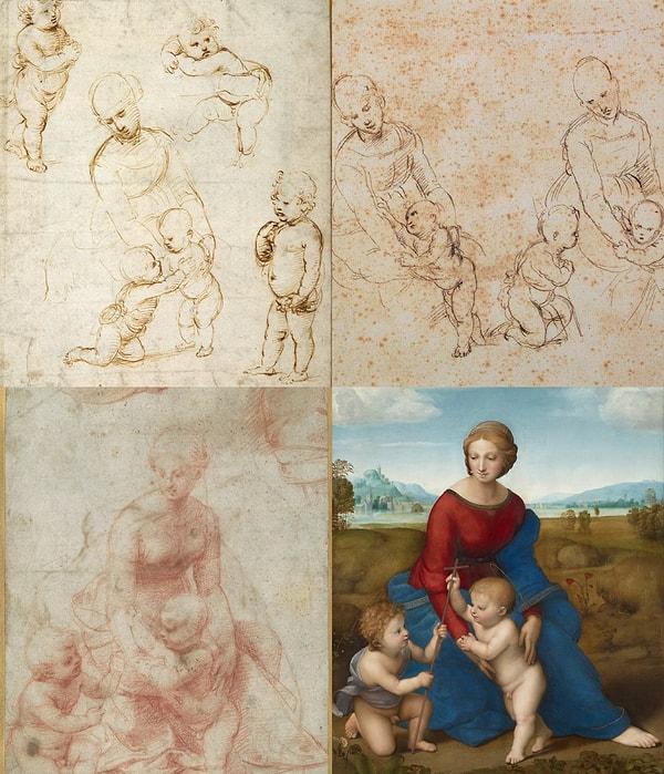 Raphael'in 1506 tarihli eseri "Çayırlıkta Madonna"nın taslaklarına bakalım bir de.