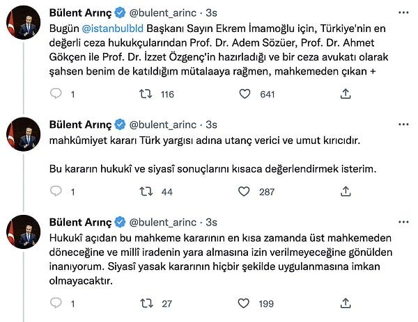 Parti içi muhalif çıkışlarına rağmen kurucusu olduğu AKP'de üyeliği devam eden Bülent Arınç da bir hukukçu gözüyle olayı şöyle yorumladı.
