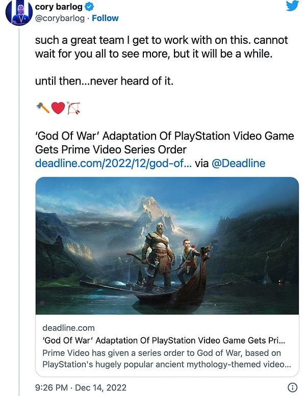 God of War'ın yaratıcılarından olan Cory Barlog da dizi uyarlamasında yer alacağını bu tweet ile paylaştı.