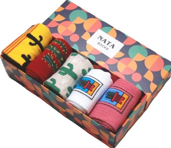 1. Nata Socks Unisex 5'li Kaktüs Renkli Desenli Çorap Seti Kutusu